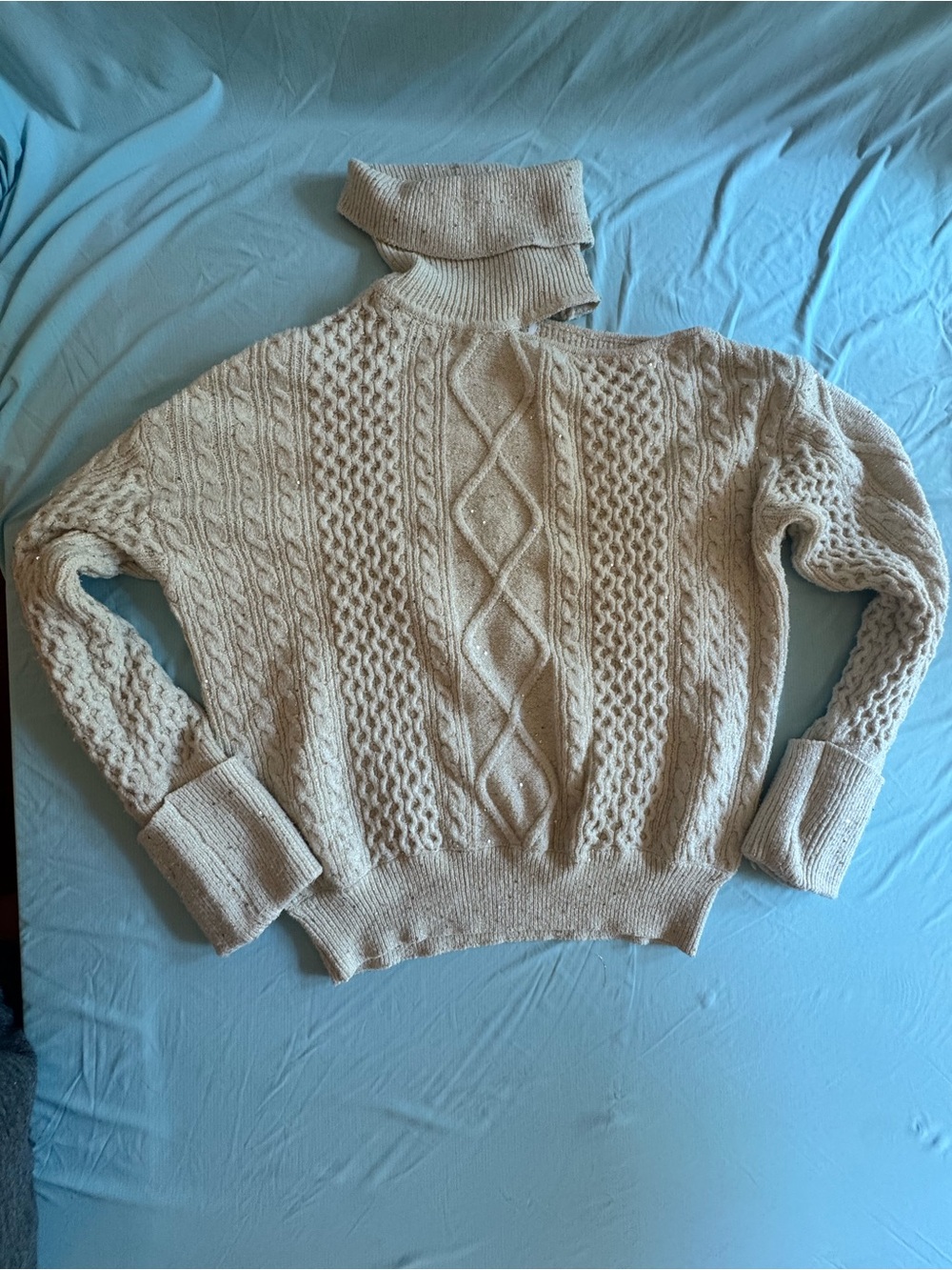 Sophia Jeans by Sophia Verga Cream Off-Shoulder Cable Knit Turtleneck Sweater - Picture 2 of 5